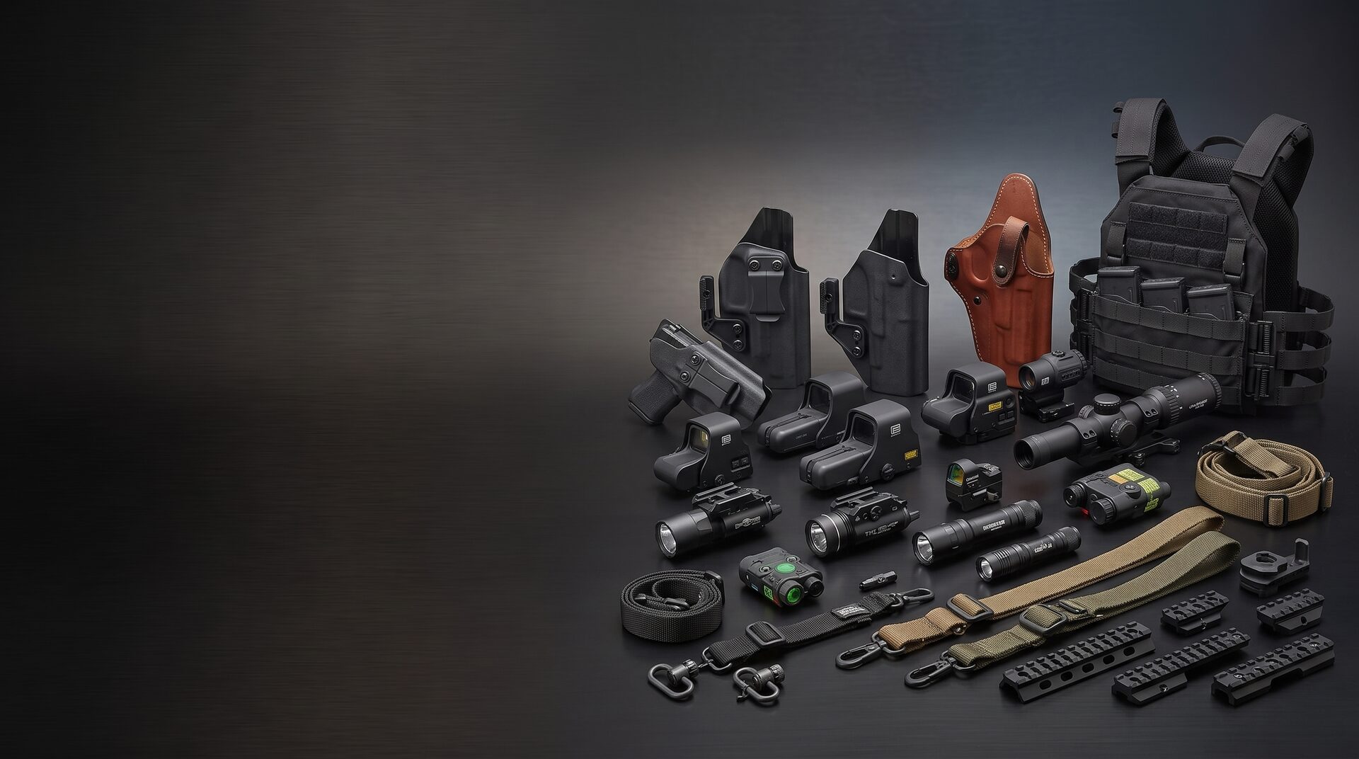 Holsters, red dot and holographic sights, weapon lights, slings, rails and a plate carrier