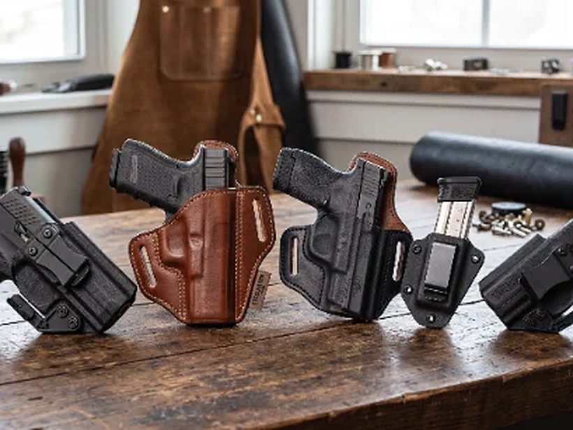 Leather and polymer pistol holsters on a workbench