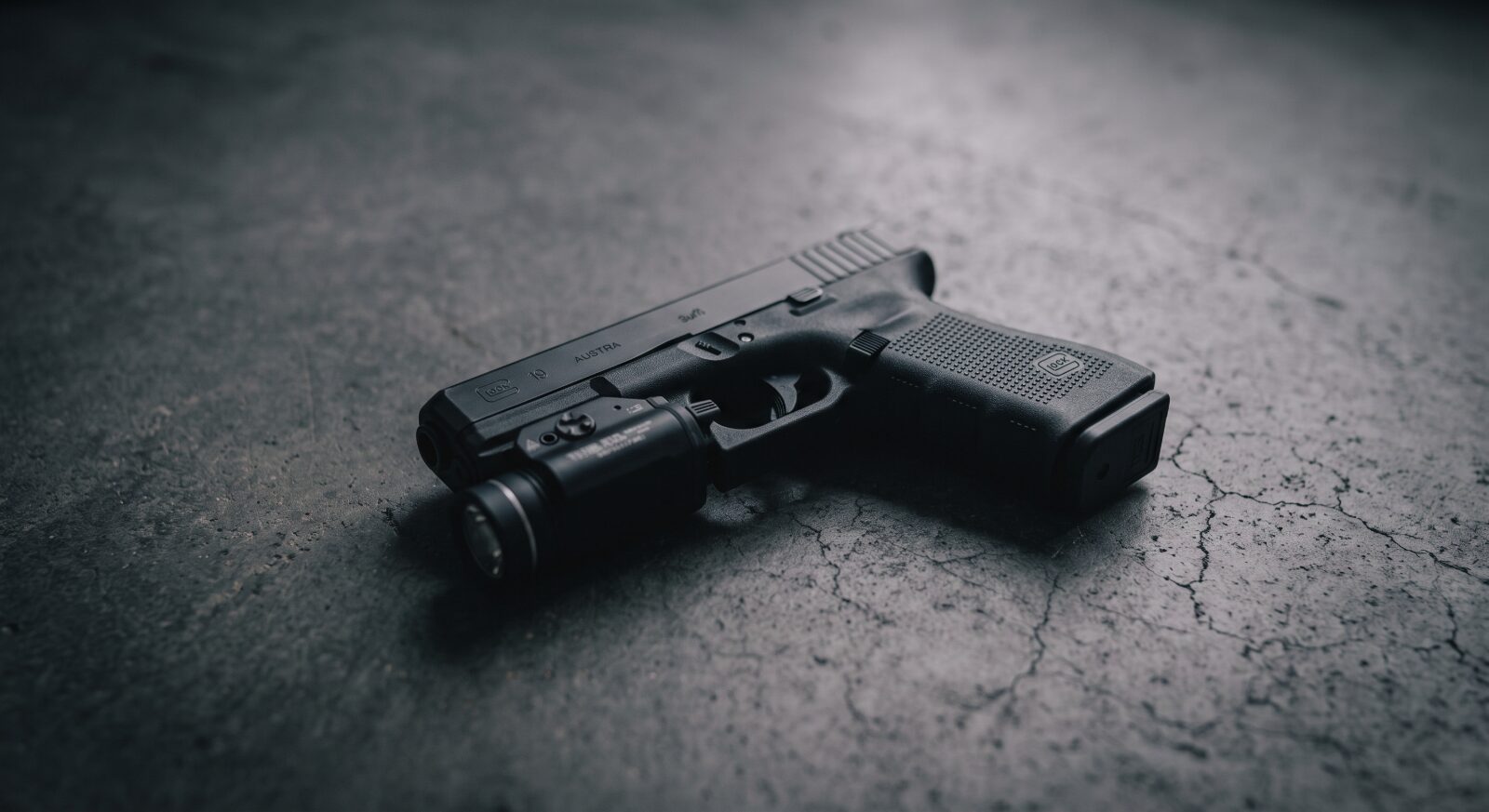 Glock 19 pistol with weapon light on concrete