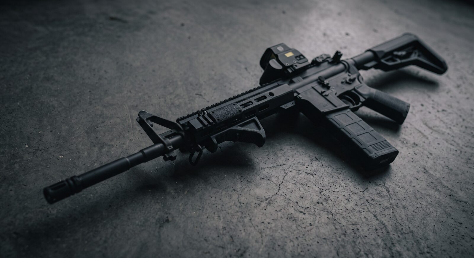 AR-15 pattern carbine with red dot sight and PMAG magazine