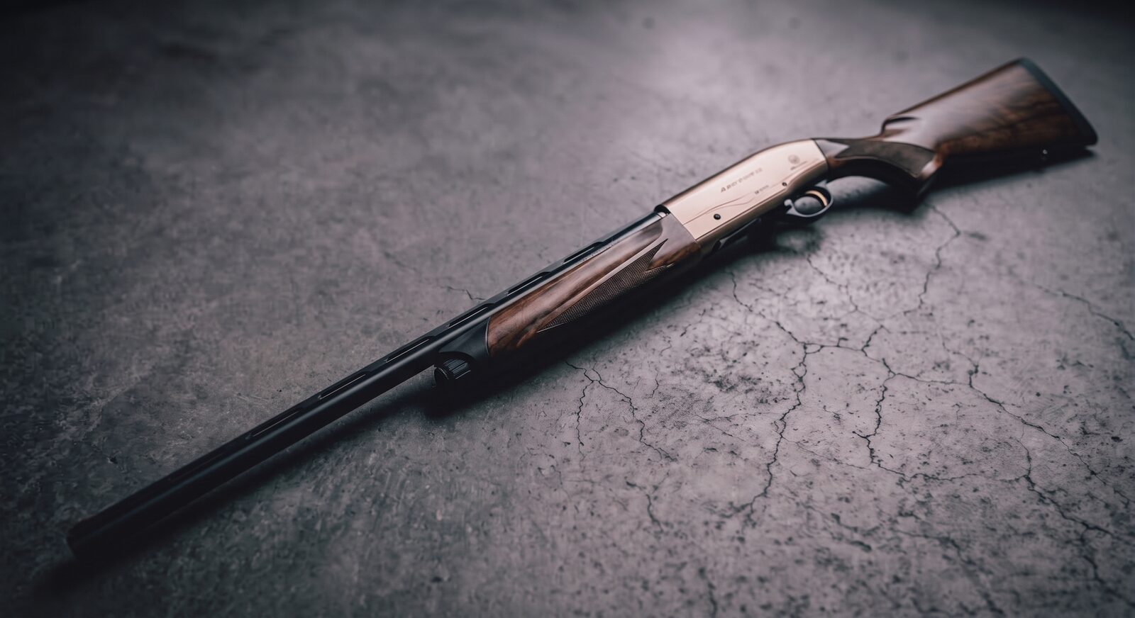 Semi-automatic shotgun with walnut stock on concrete