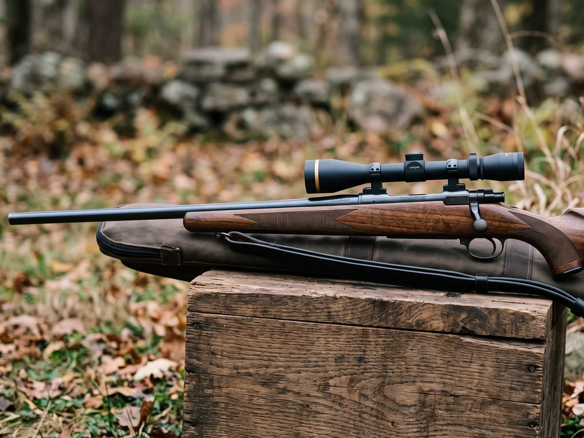 Bolt-action rifle with telescopic sight on a timber crate