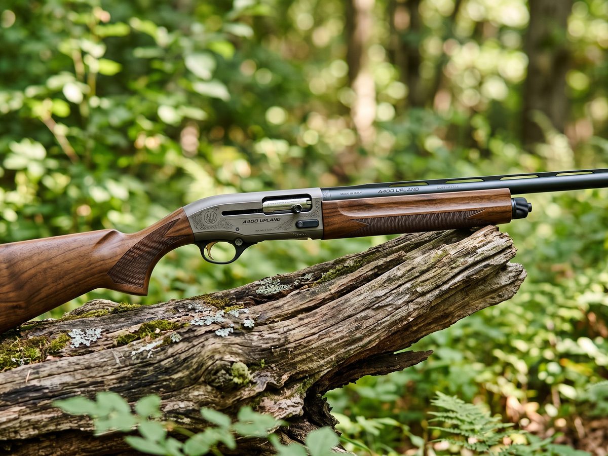 Semi-automatic shotgun with walnut stock on a fallen log