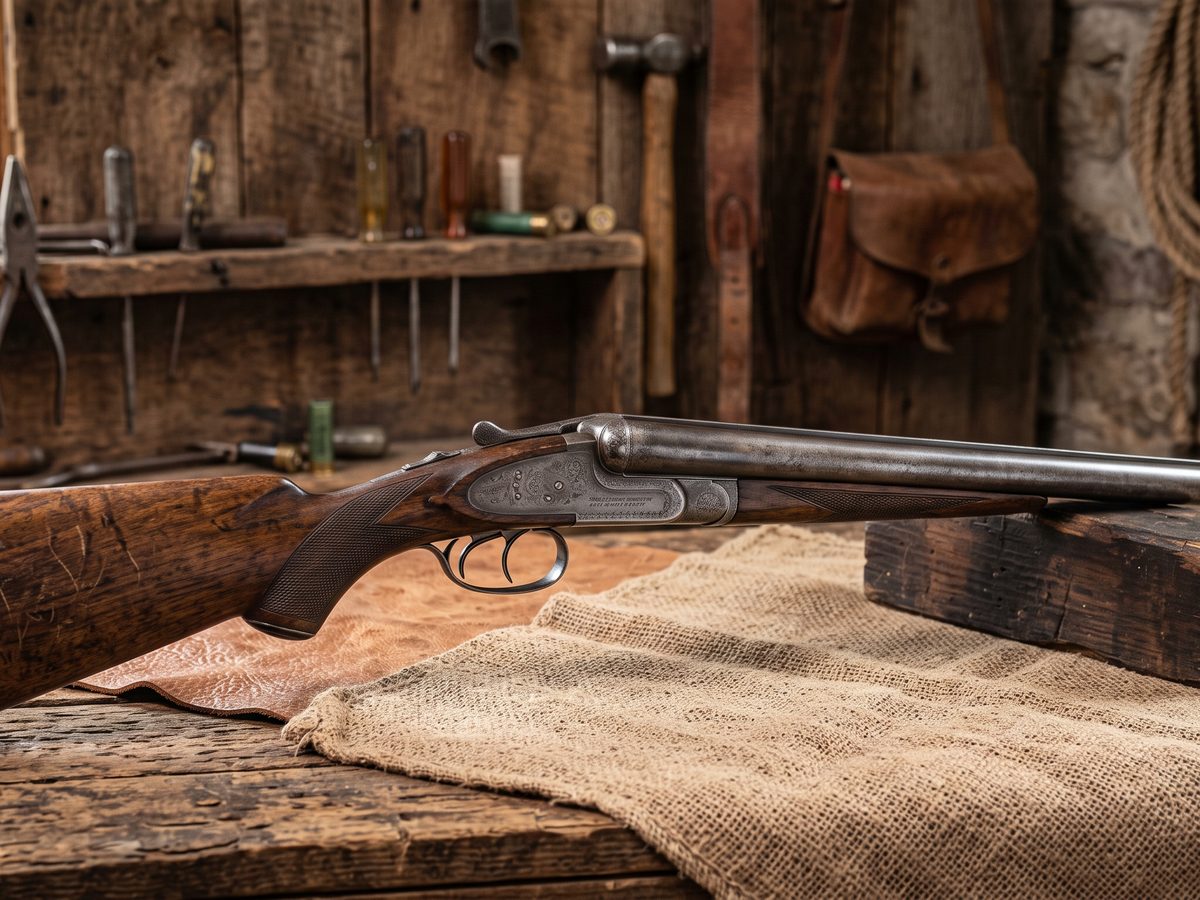Side-by-side shotgun on a gunsmith's bench